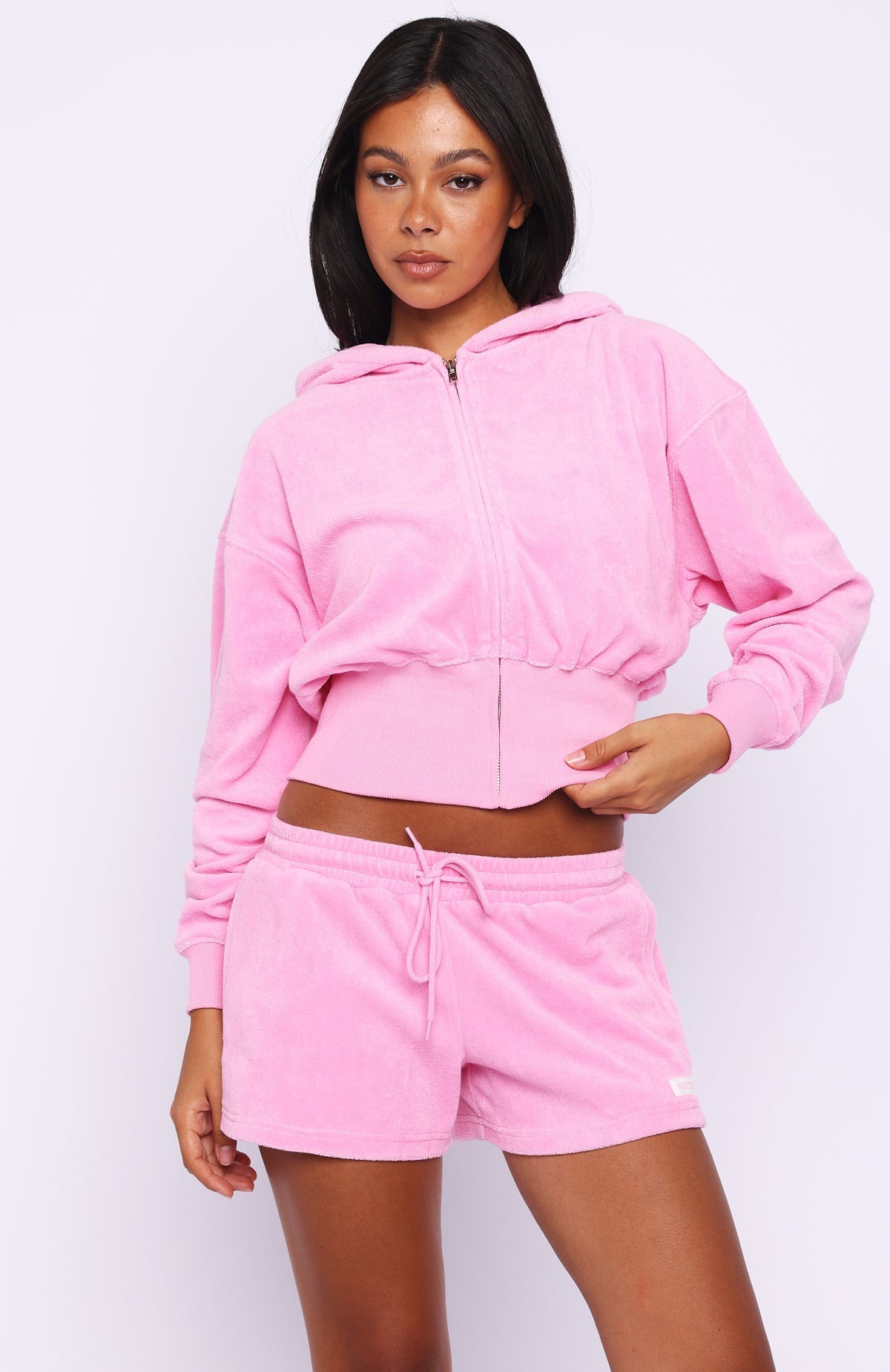 Trending Causing Commotion Terry Cropped Cinched Zip Front Hoodie Pink