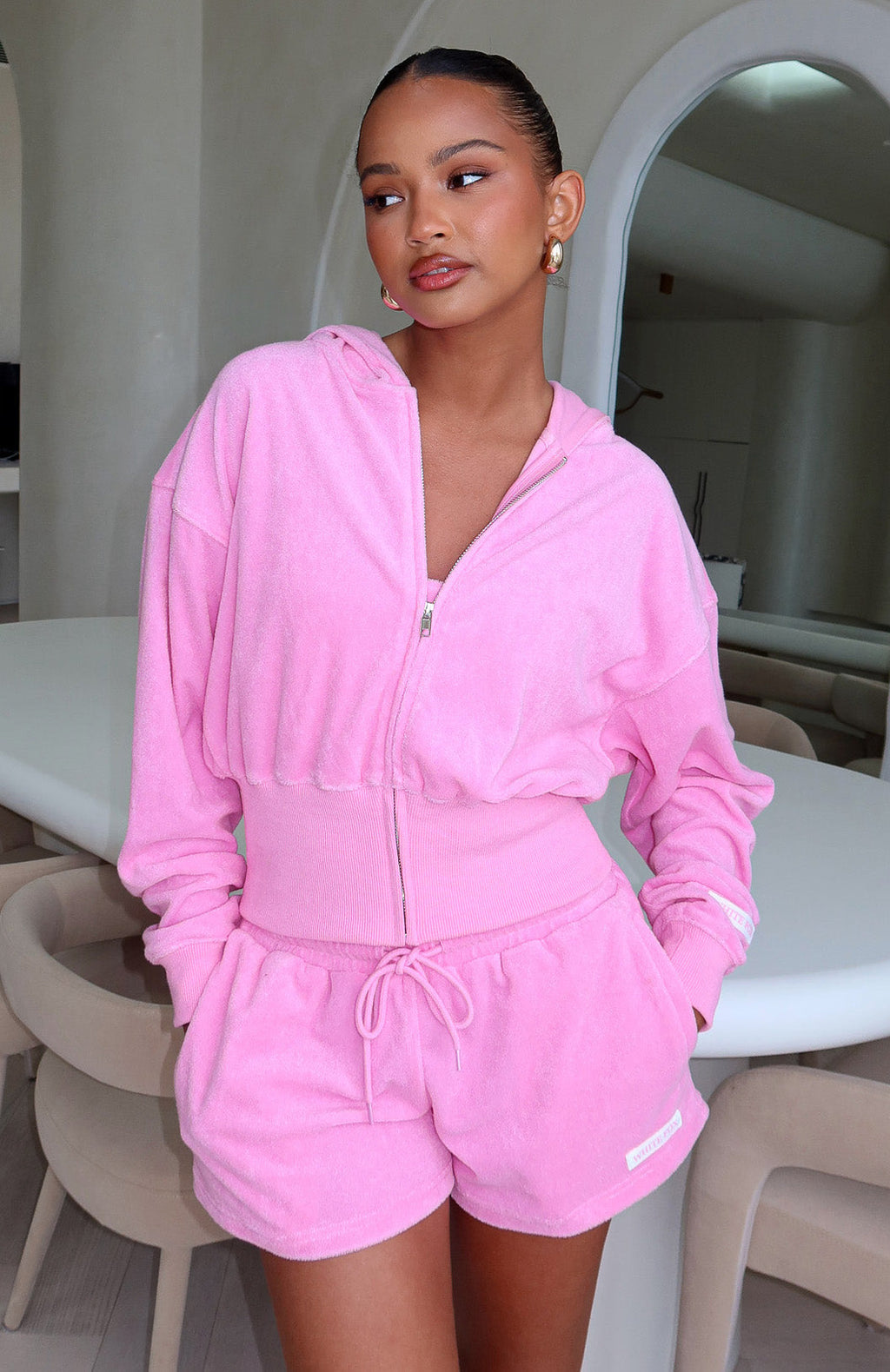 Trending Causing Commotion Terry Cropped Cinched Zip Front Hoodie Pink