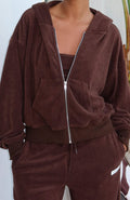Trending Causing Commotion Terry Boxy Zip Front Hoodie Chocolate