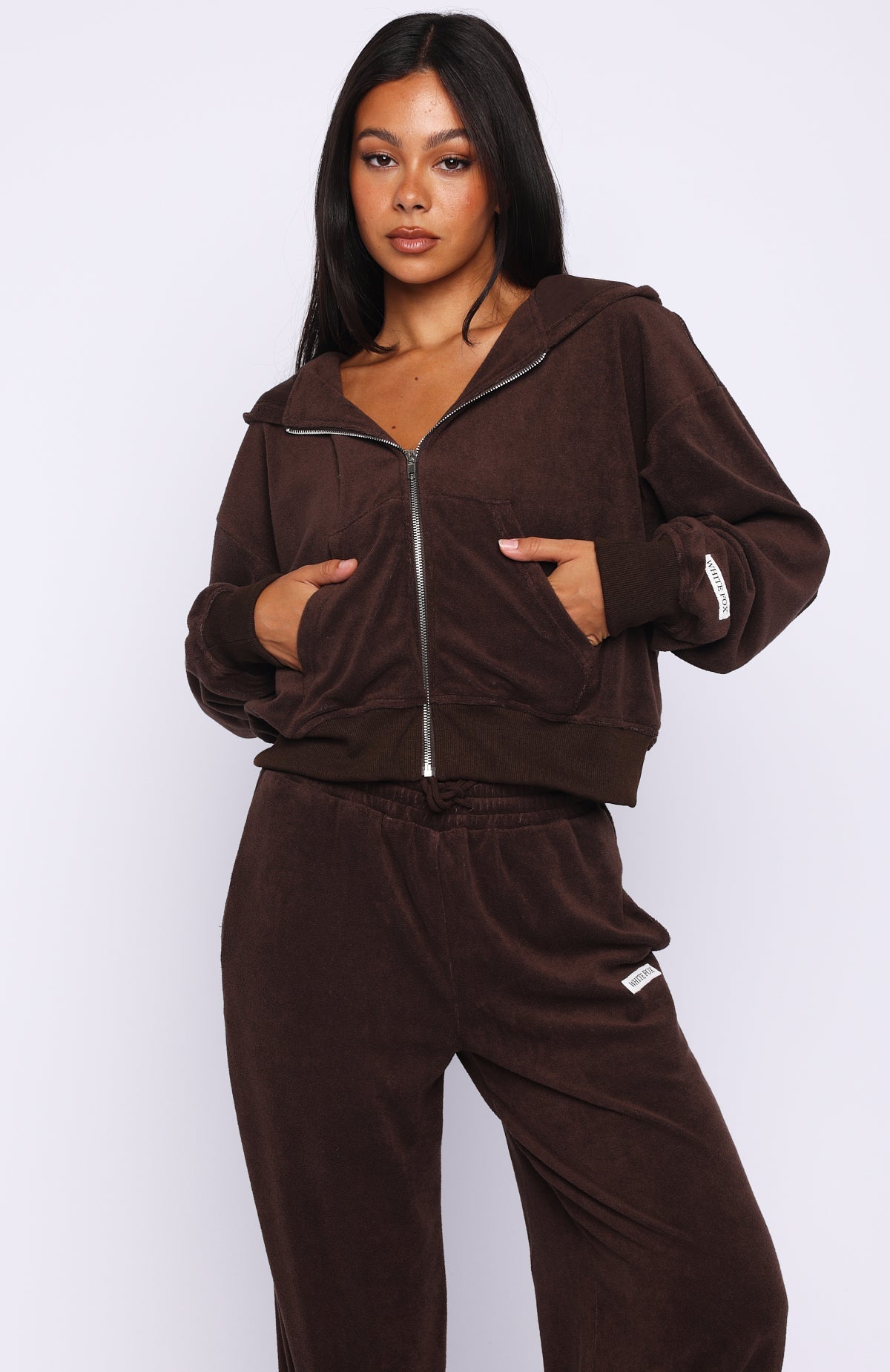 Trending Causing Commotion Terry Boxy Zip Front Hoodie Chocolate