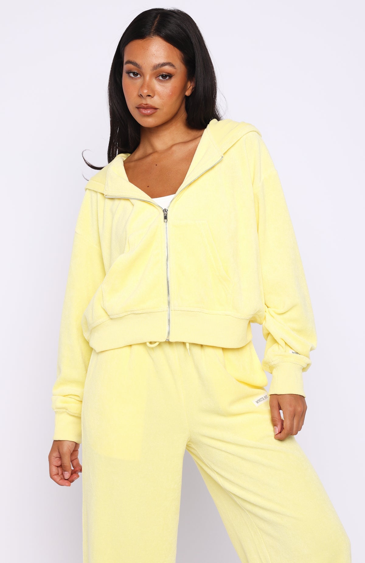 Trending Causing Commotion Terry Boxy Zip Front Hoodie Lemon