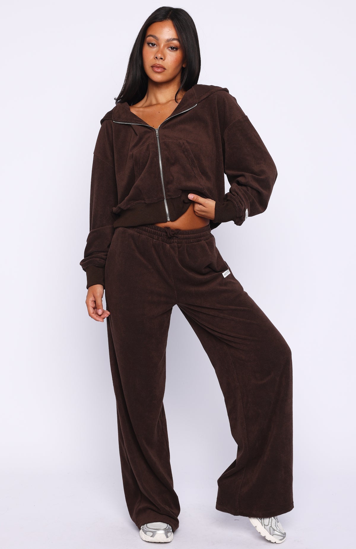Trending Causing Commotion Terry Boxy Zip Front Hoodie Chocolate