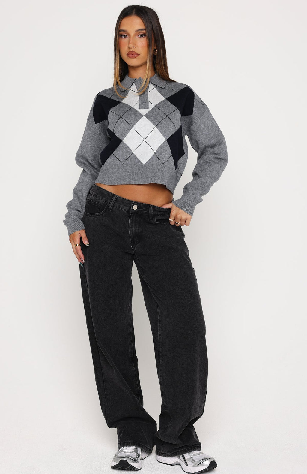Trending Cinzia Argyle Knit Sweater Navy Winter