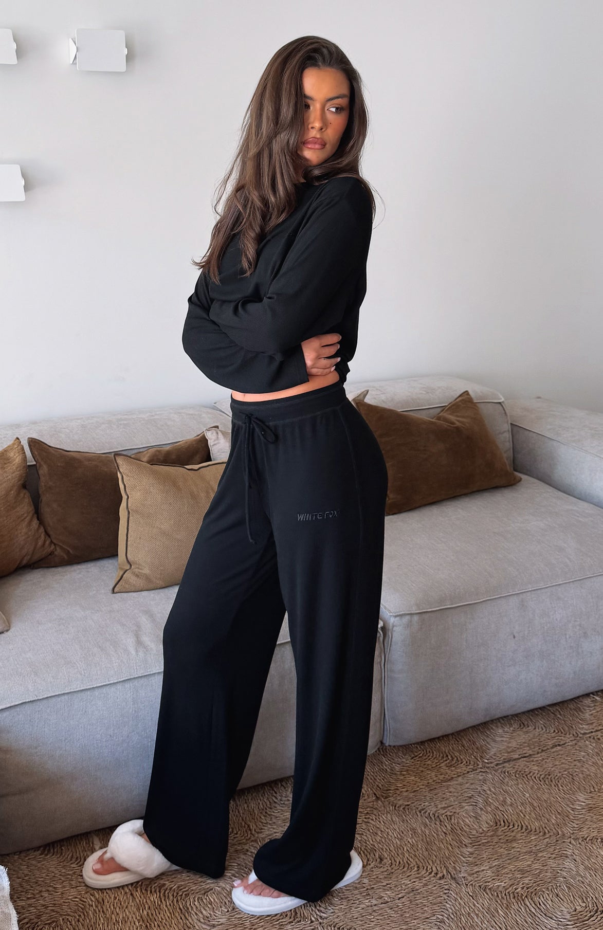 Trending Come A Long Way Soft Lounge Ribbed Wide Leg Pants Black