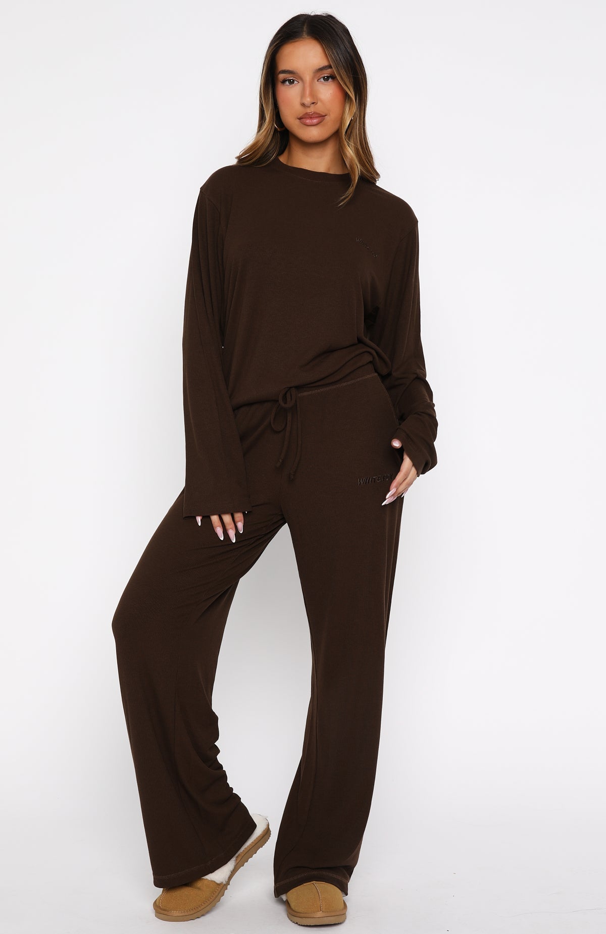 Trending Come A Long Way Soft Lounge Ribbed Wide Leg Pants Chocolate