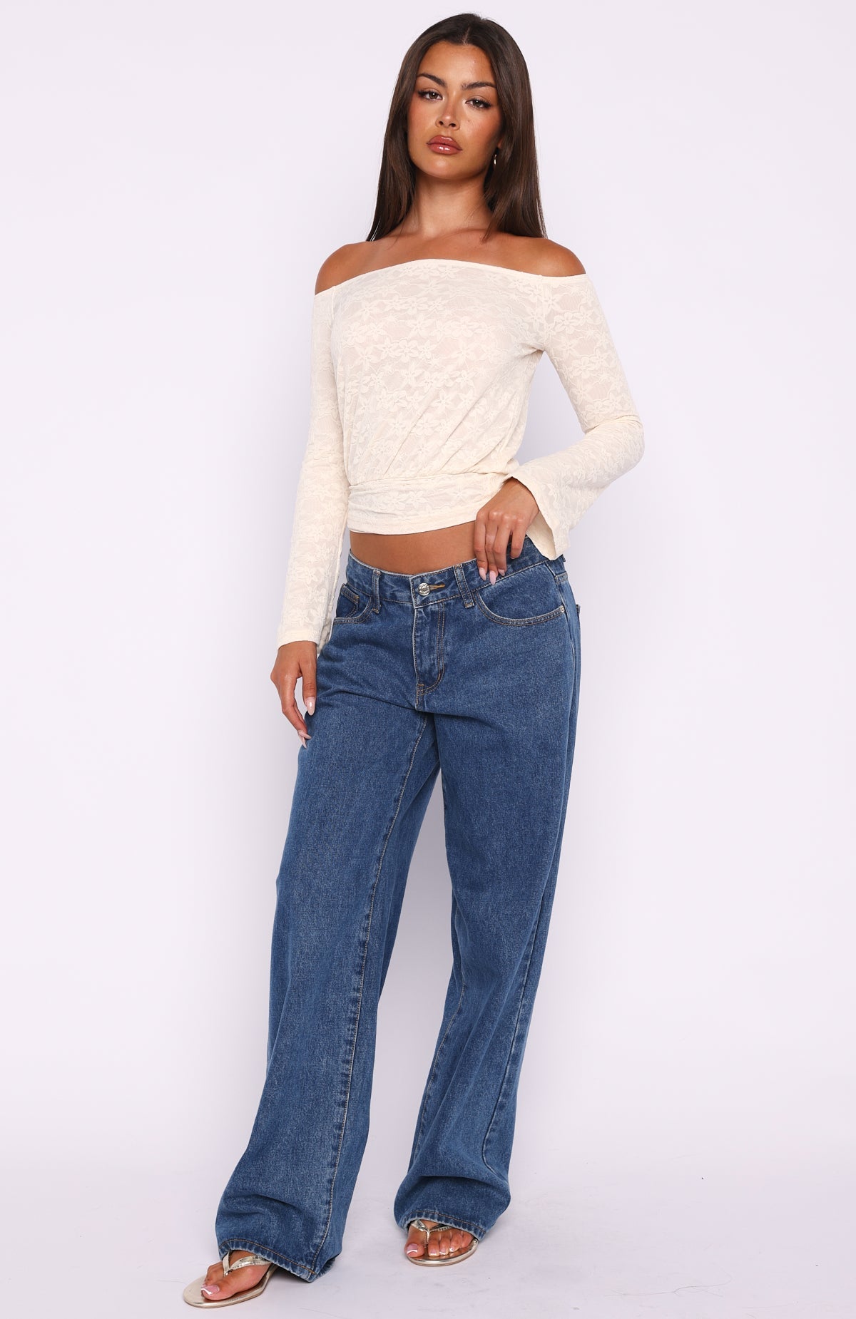 Trending Dancing In The Rain Off Shoulder Long Sleeve Top Cream