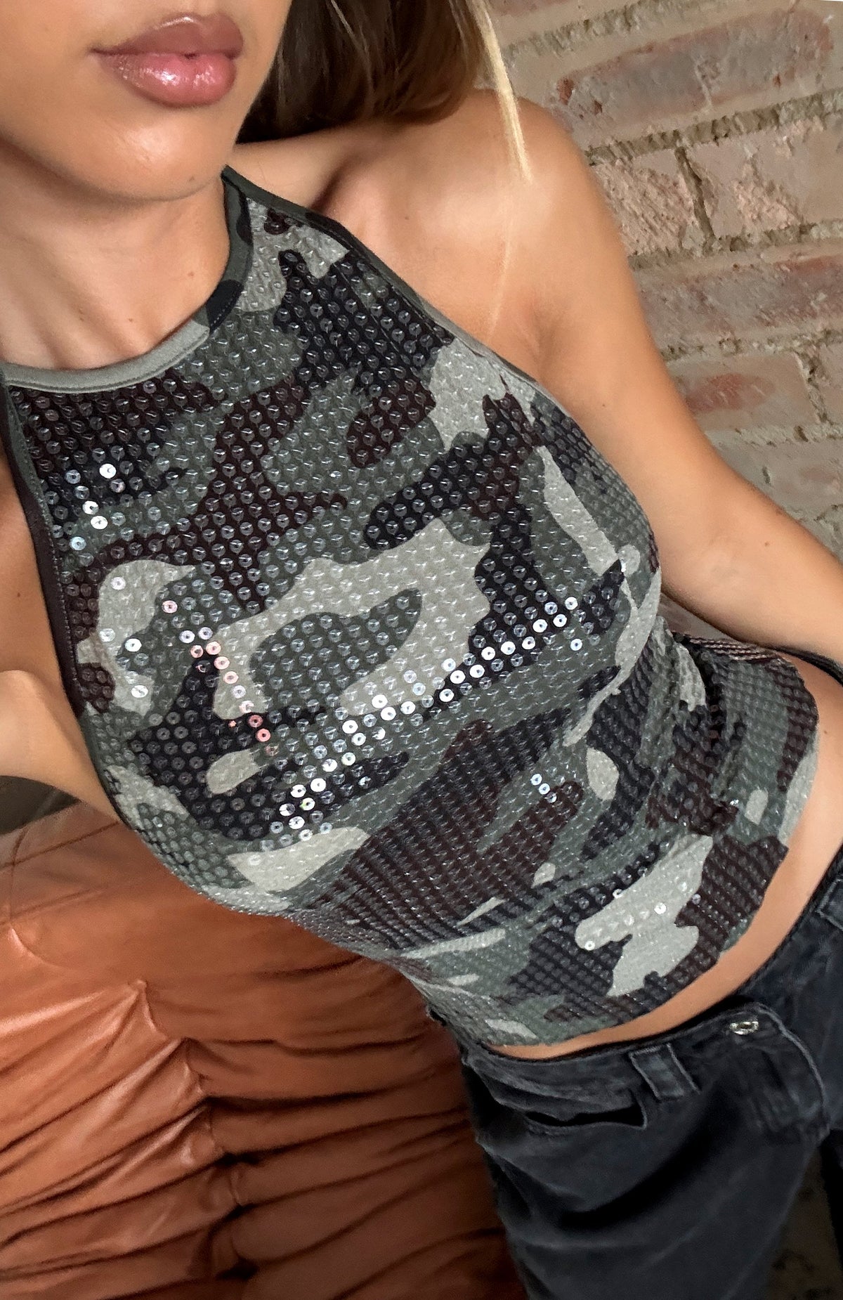 Trending Dare To Look Sequin Halter Top Camo