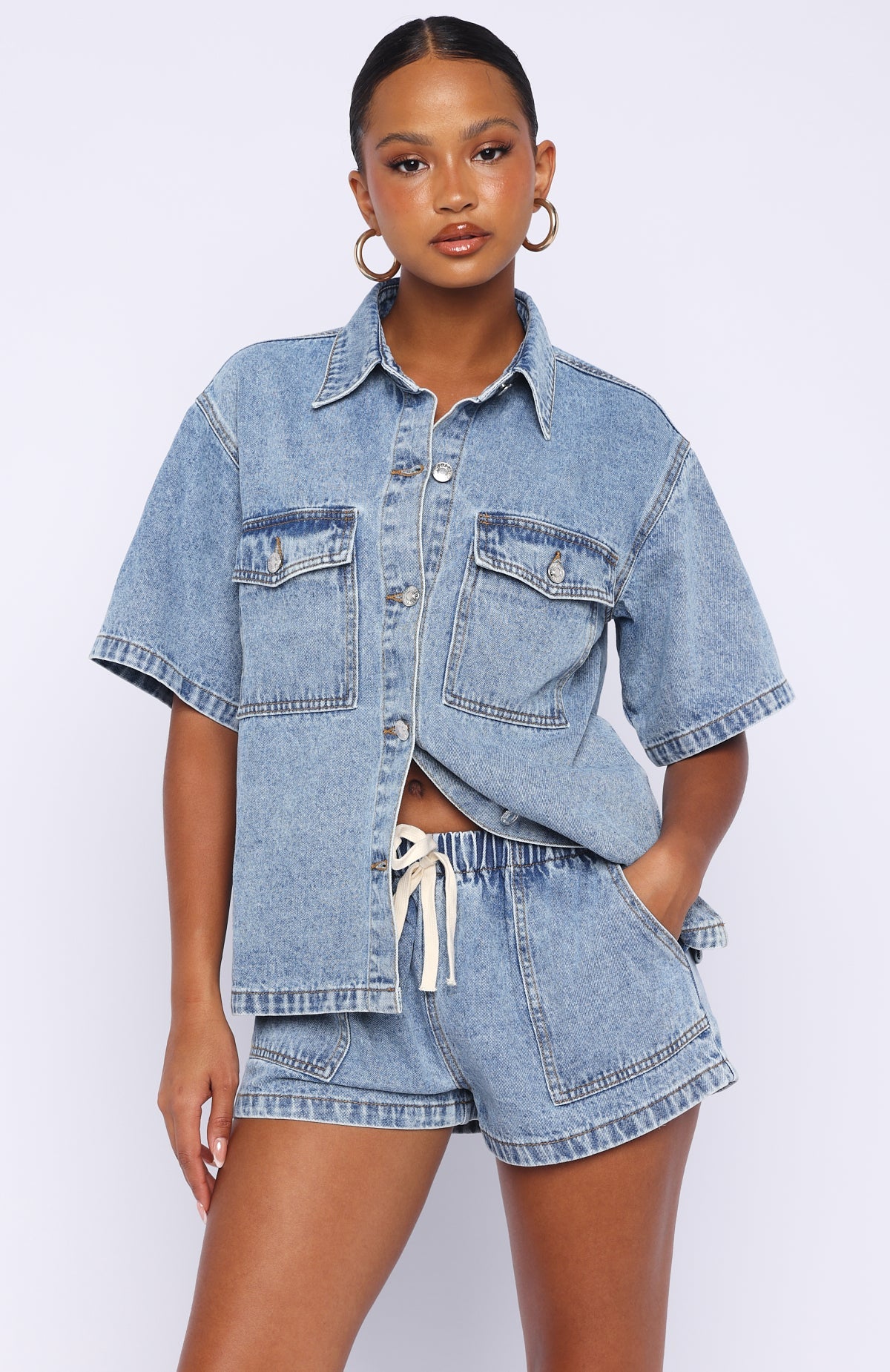Trending Denim Daydream Button Up Shirt Mid Blue Wash