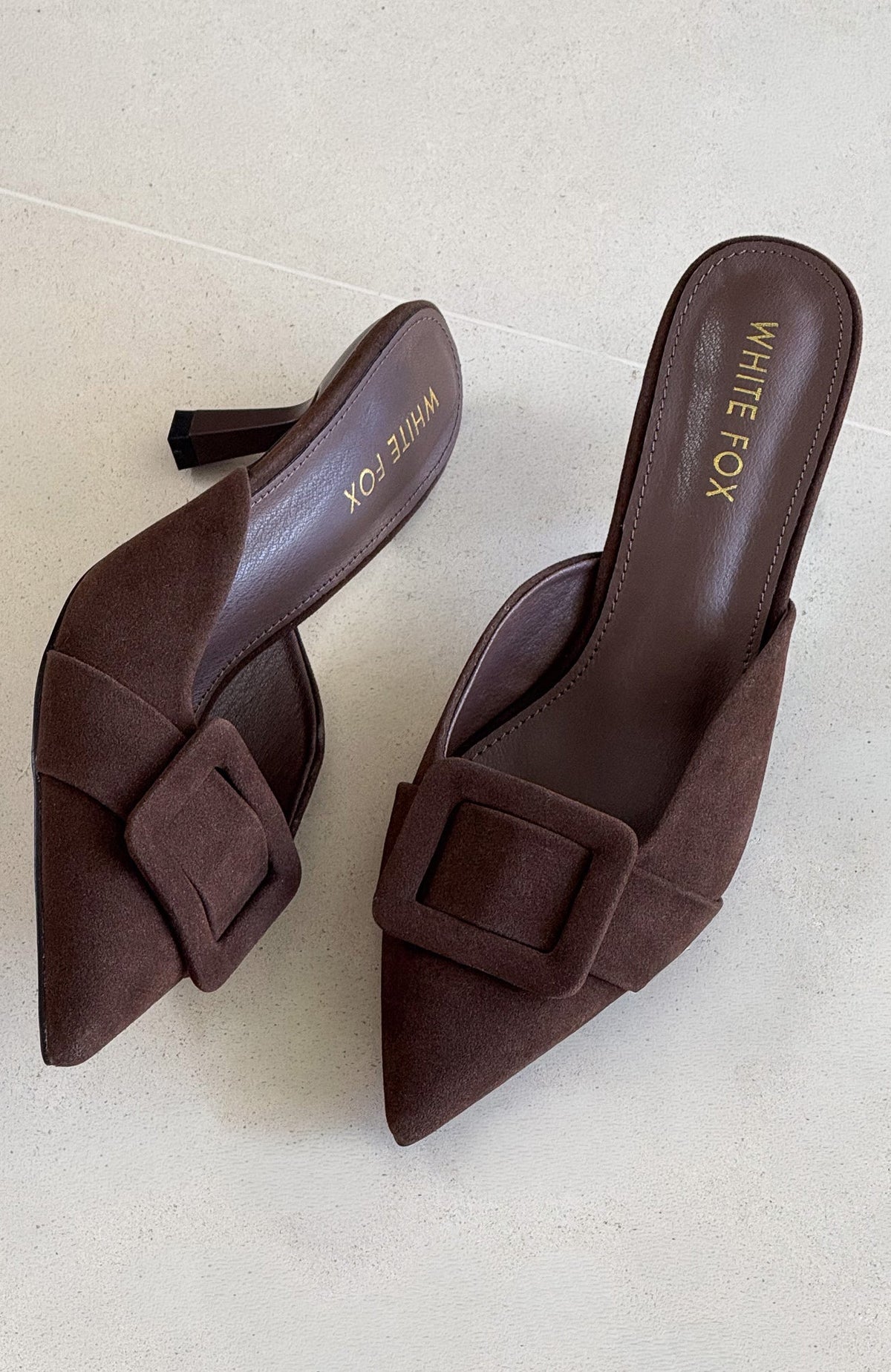 Trending Domino Heels Chocolate Faux Suede
