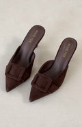 Trending Domino Heels Chocolate Faux Suede