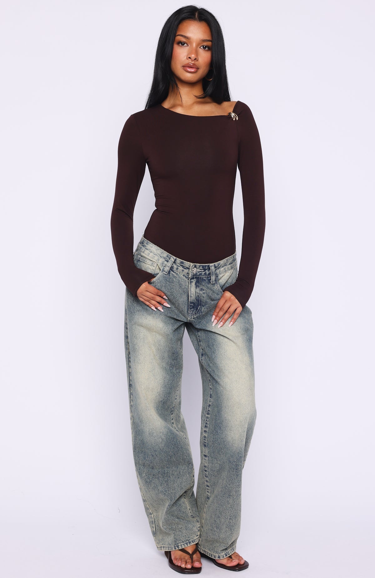 Trending Double Down Long Sleeve Bodysuit Dark Chocolate