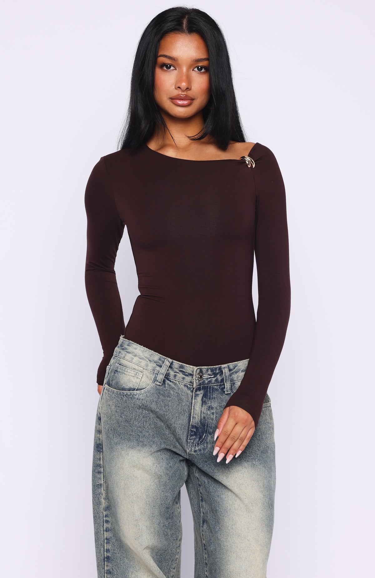 Trending Double Down Long Sleeve Bodysuit Dark Chocolate