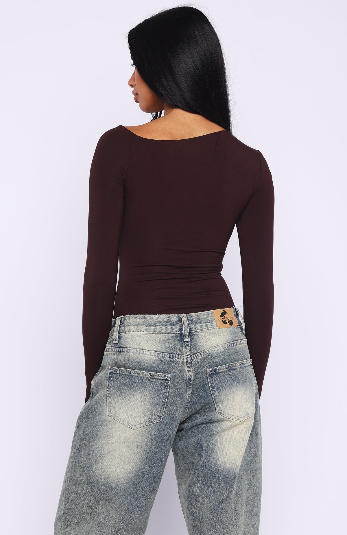 Trending Double Down Long Sleeve Bodysuit Dark Chocolate