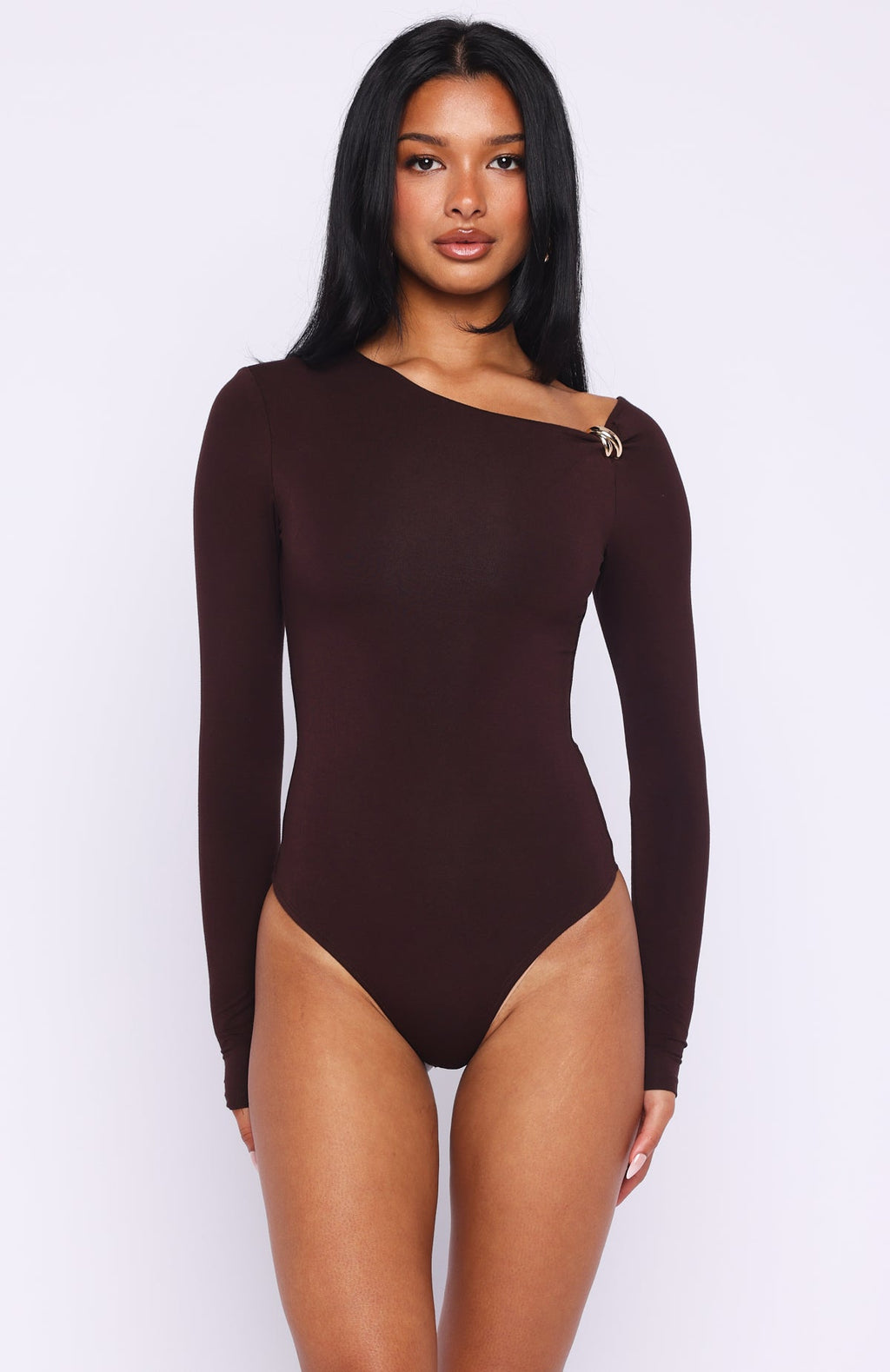 Trending Double Down Long Sleeve Bodysuit Dark Chocolate