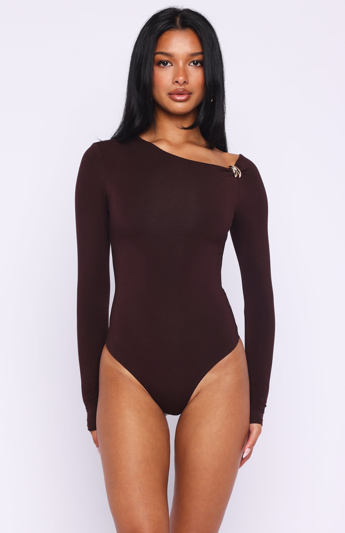 Trending Double Down Long Sleeve Bodysuit Dark Chocolate