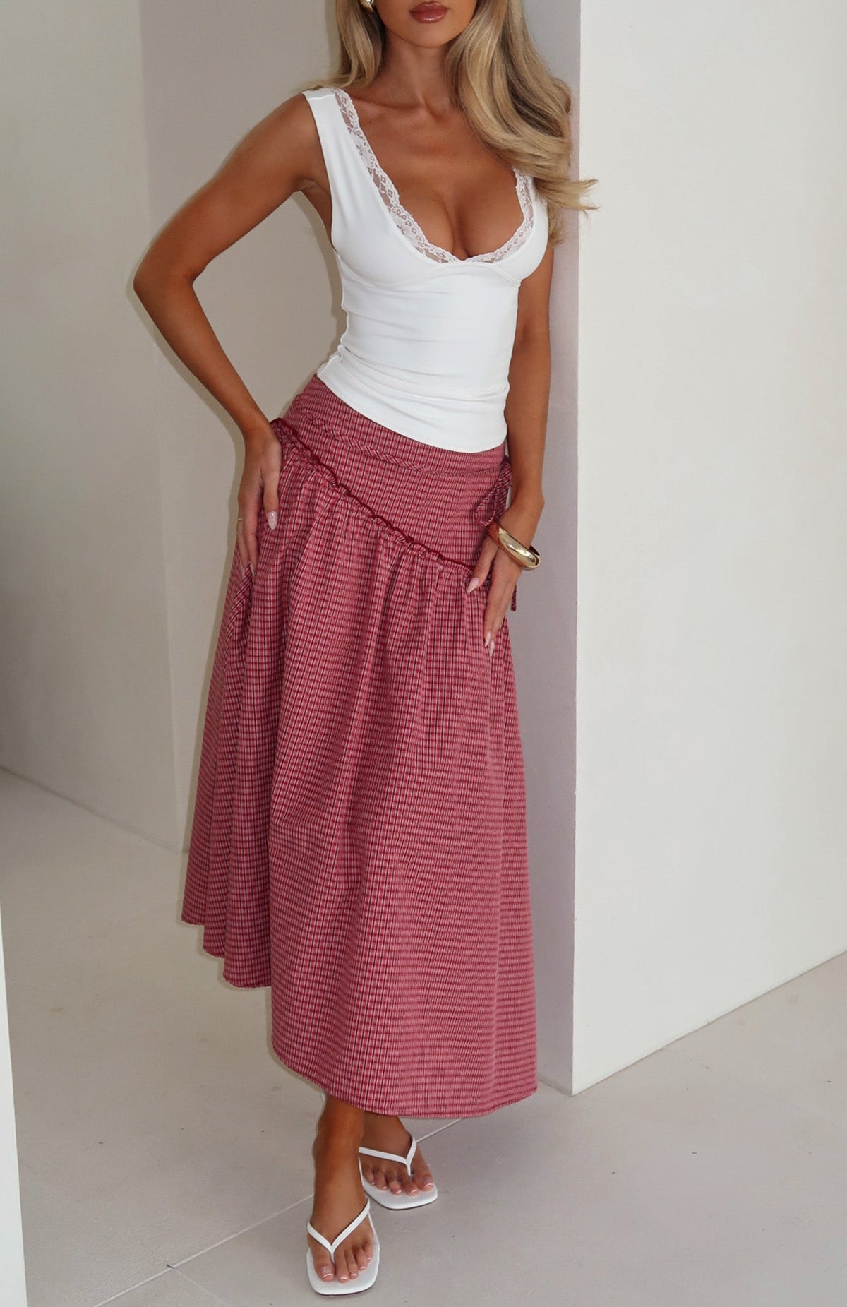 Trending Feeling Groovy Maxi Skirt Red Gingham