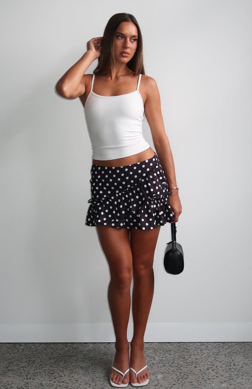 Trending Girly Thoughts Mini Skirt Black Polka Dot