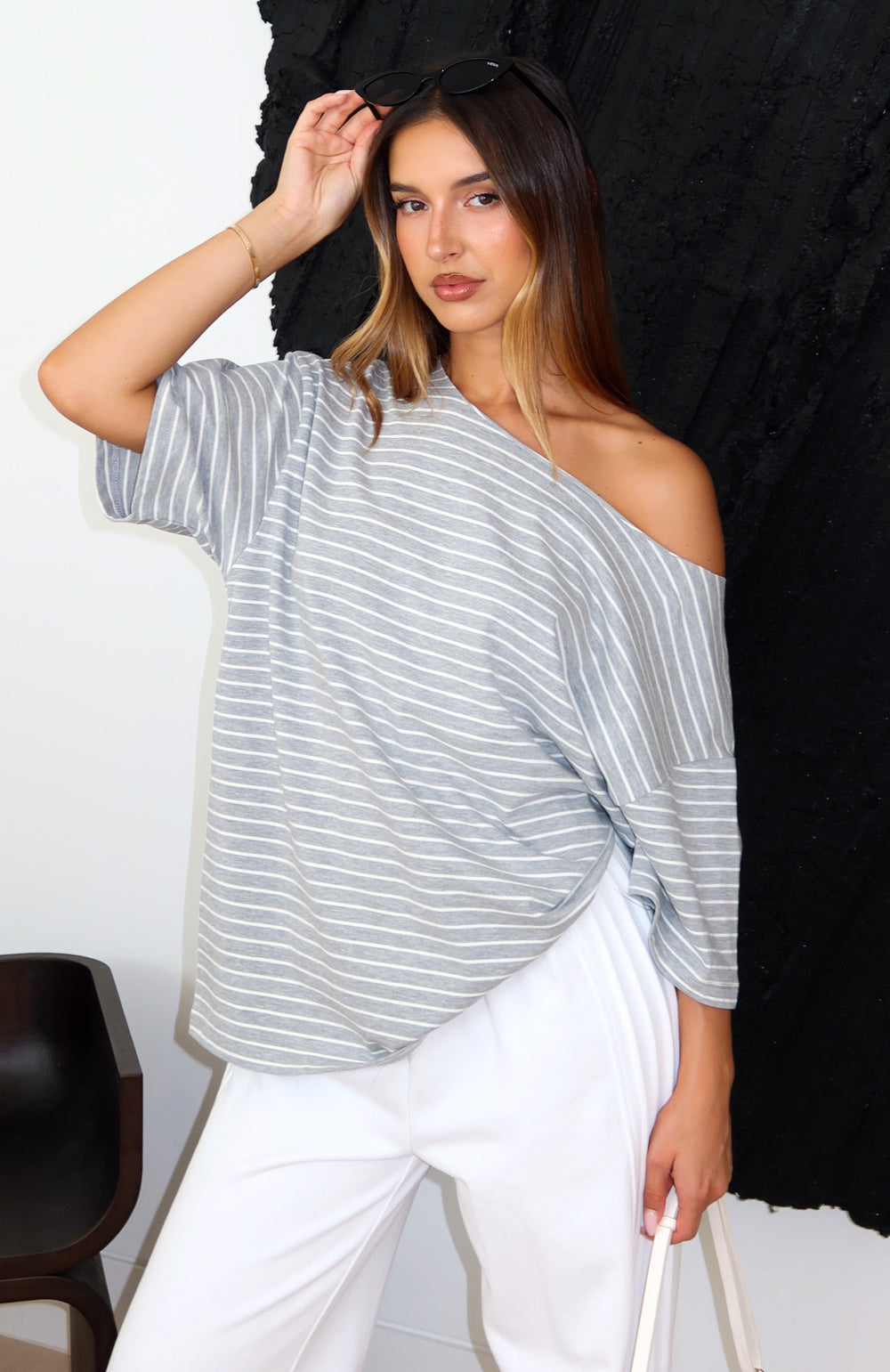Trending Give Me Options Off Shoulder Tee GreyWhite Stripe