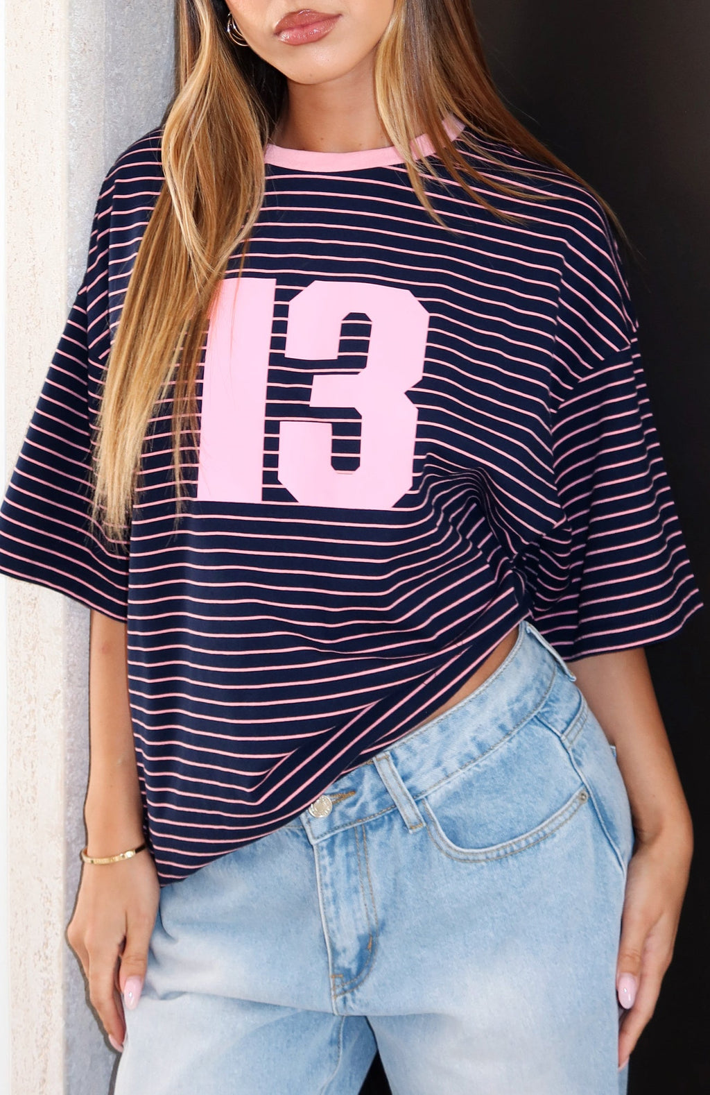 Trending Good Old Days Oversized Tee Pink Navy Stripe