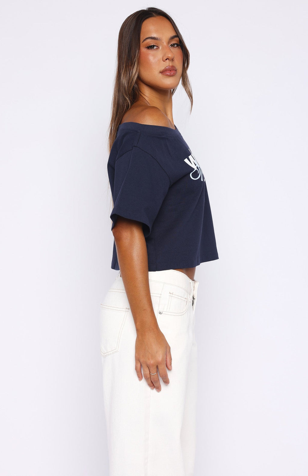 Trending Ive Got That Feeling Boxy Off Shoulder Tee Navy