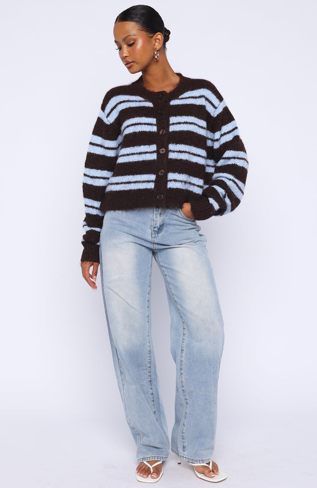 Trending Ice Bae Stripe Knit Cardigan Blueberry Chocolate Stripe