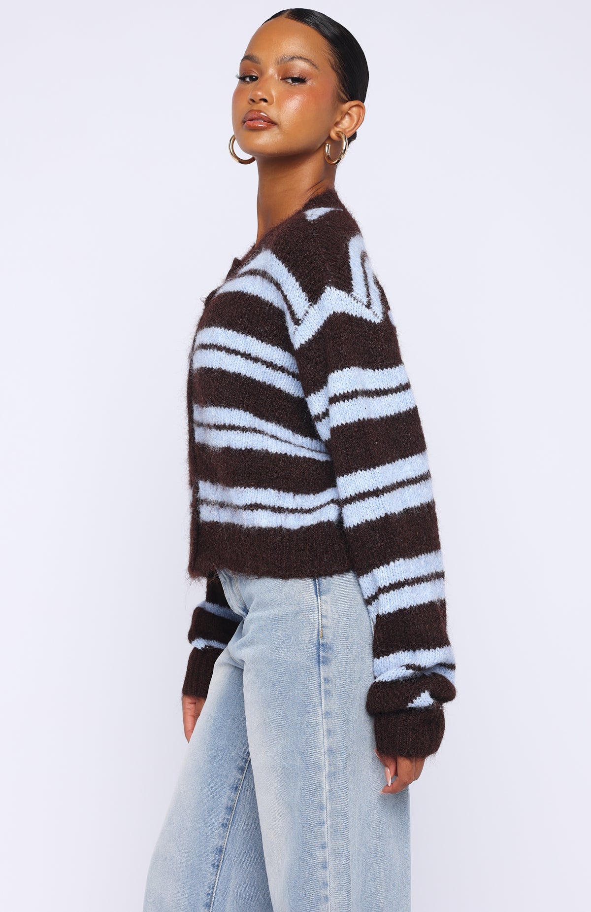 Trending Ice Bae Stripe Knit Cardigan Blueberry Chocolate Stripe