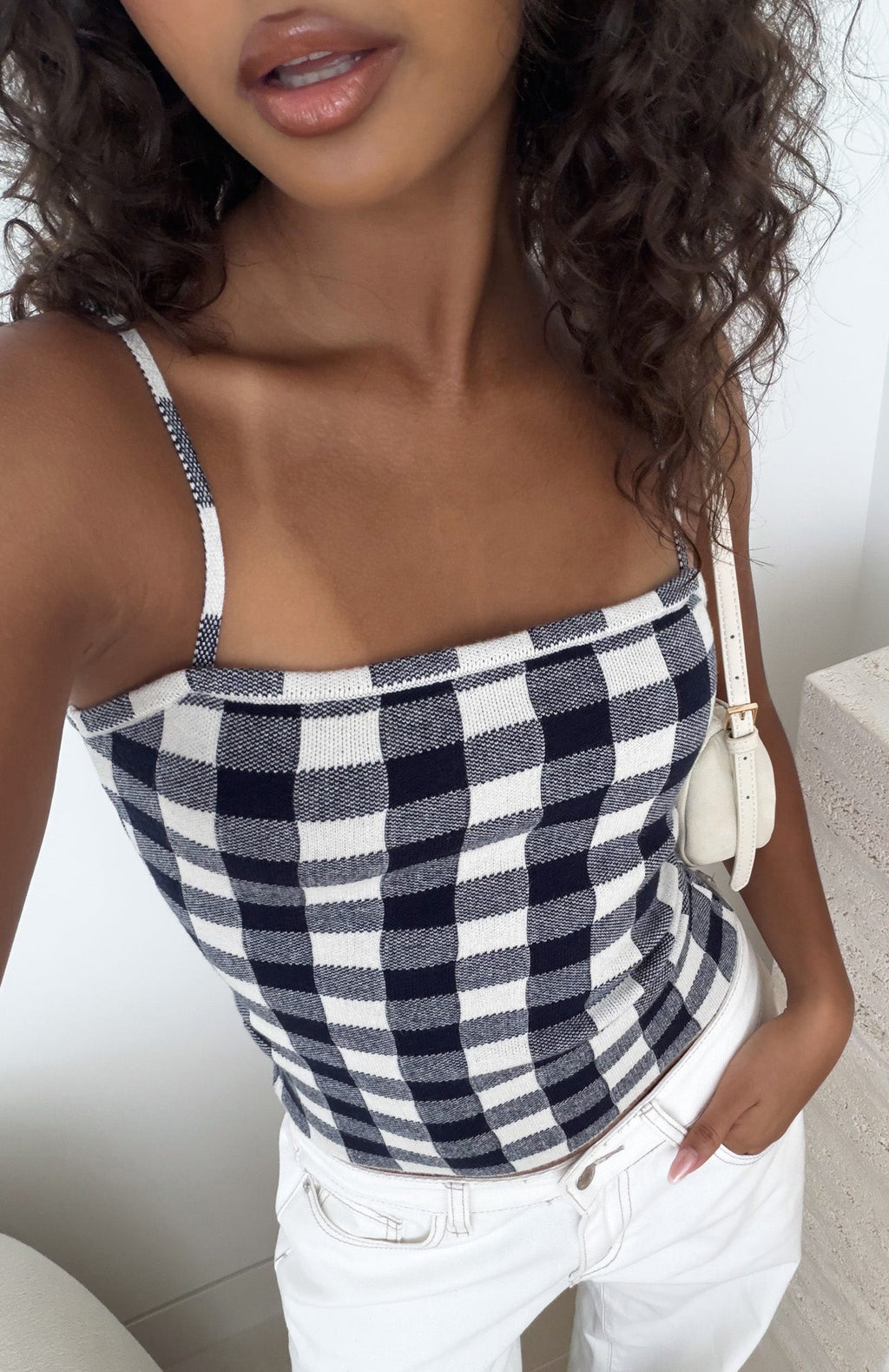 Trending Iconic Duo Knit Cami Top NavyCream Gingham