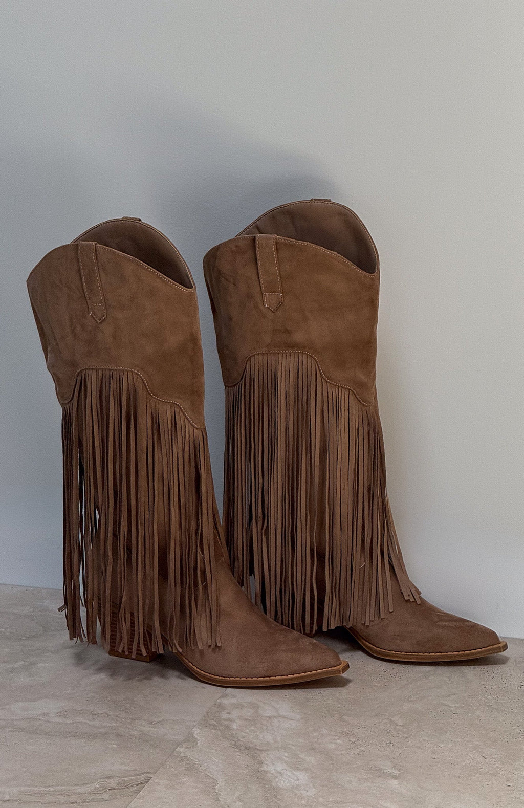 Trending Iniko Cowboy Boot Taupe Faux Suede