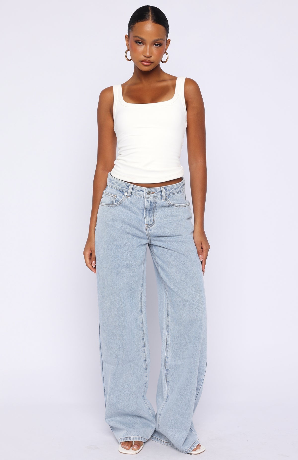 Trending Just My Type Mid Rise Wide Leg Jeans Mid Blue Wash