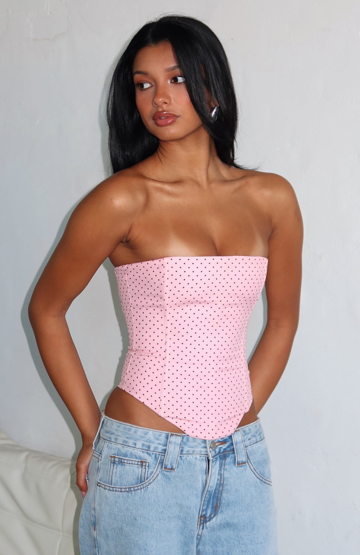 Trending Let It Go Strapless Bustier Pink Polka Dot