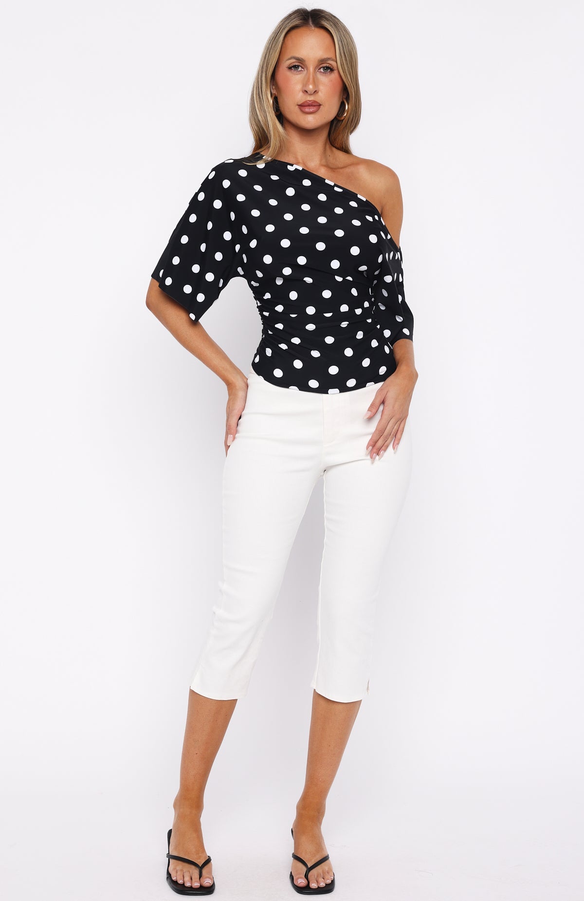 Trending Marrakech Moments Cinched Waist Top BlackWhite Polka Dot