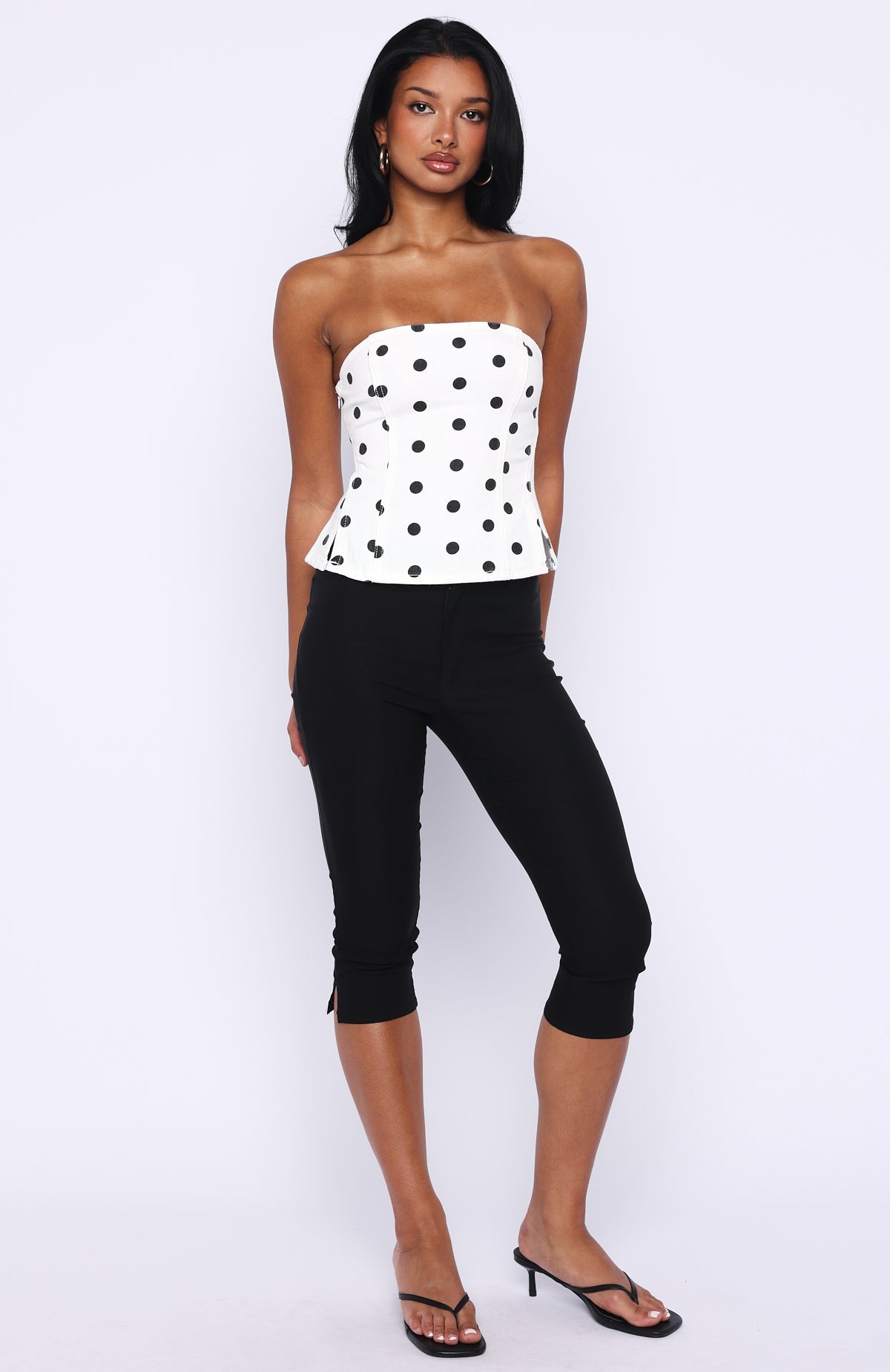 Trending More Power Strapless Denim Top WhiteBlack Polka Dot