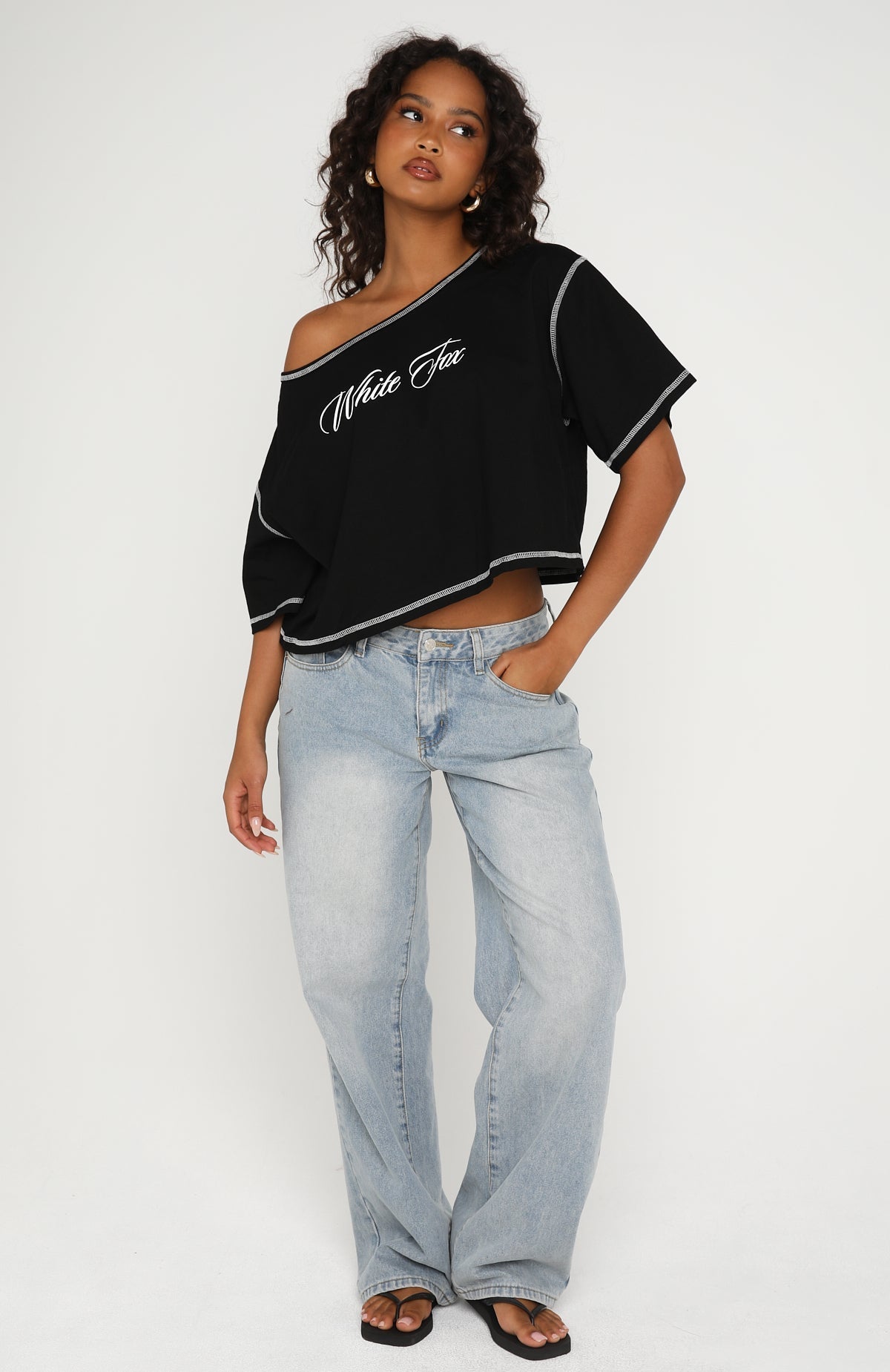 Trending Need More Time Off Shoulder Oversized Tee Black
