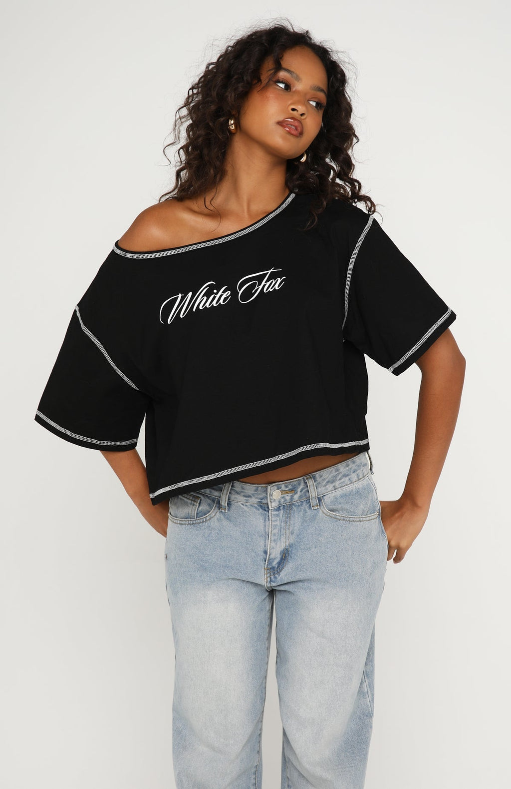 Trending Need More Time Off Shoulder Oversized Tee Black
