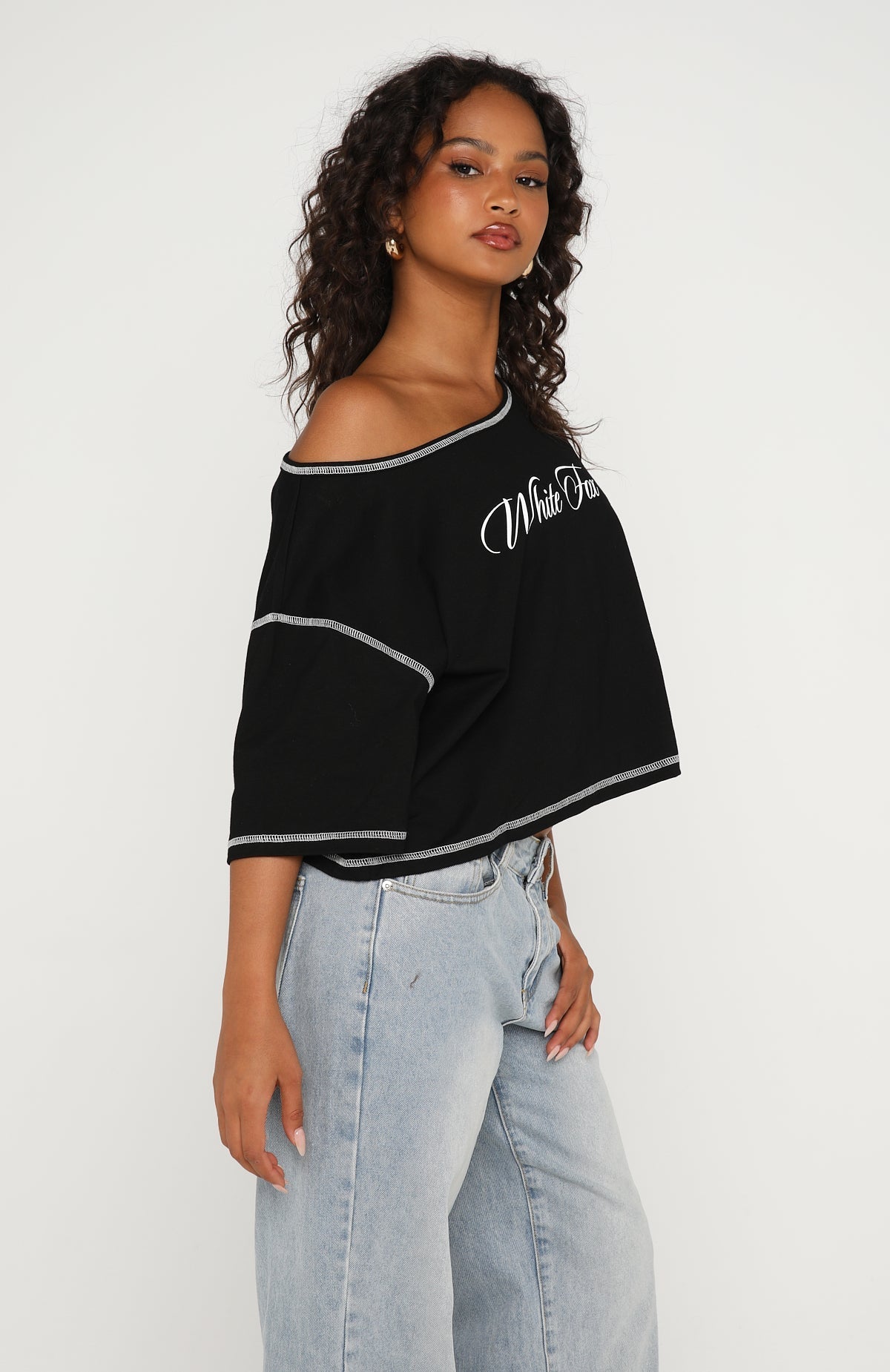 Trending Need More Time Off Shoulder Oversized Tee Black