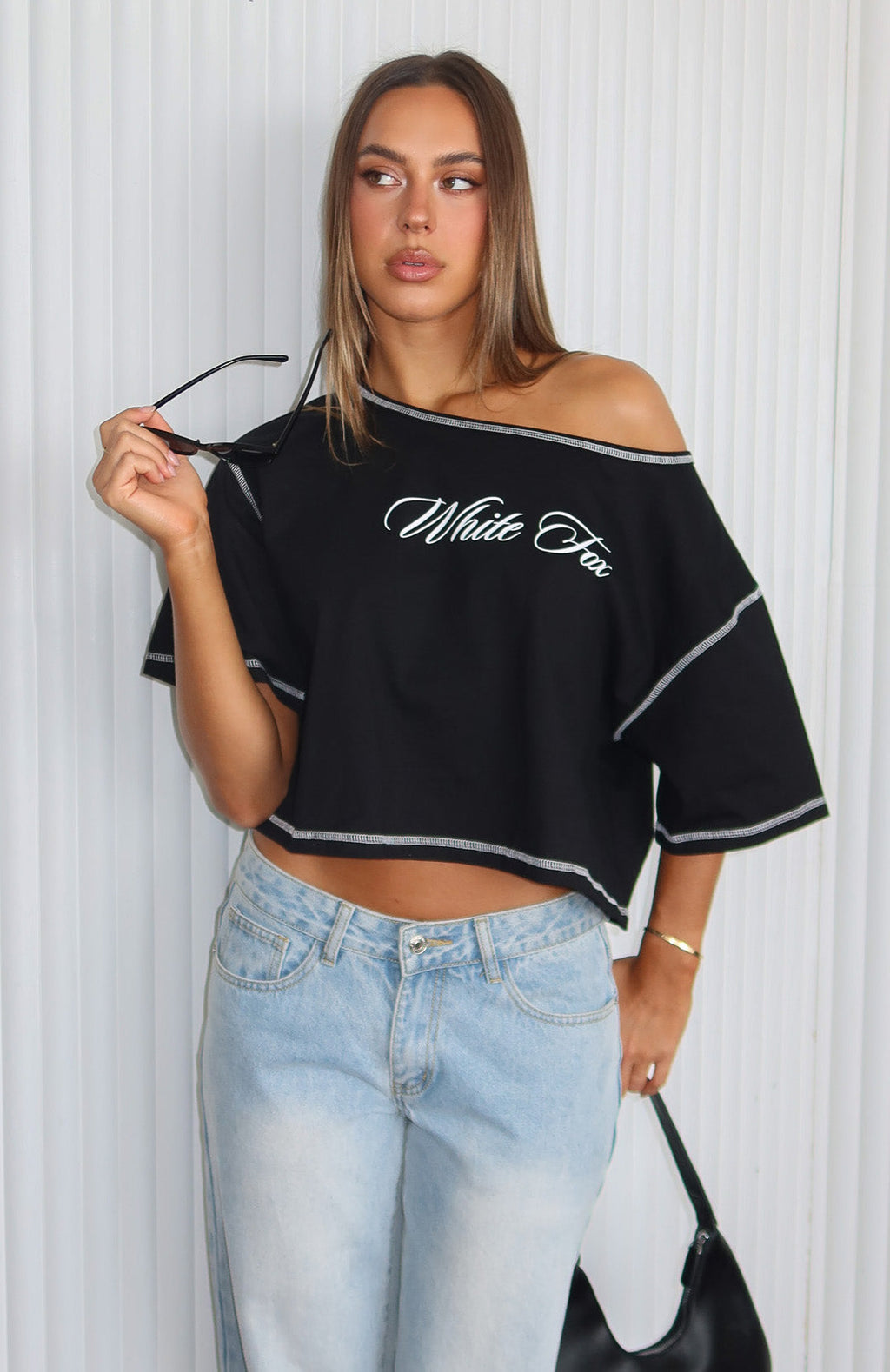 Trending Need More Time Off Shoulder Oversized Tee Black