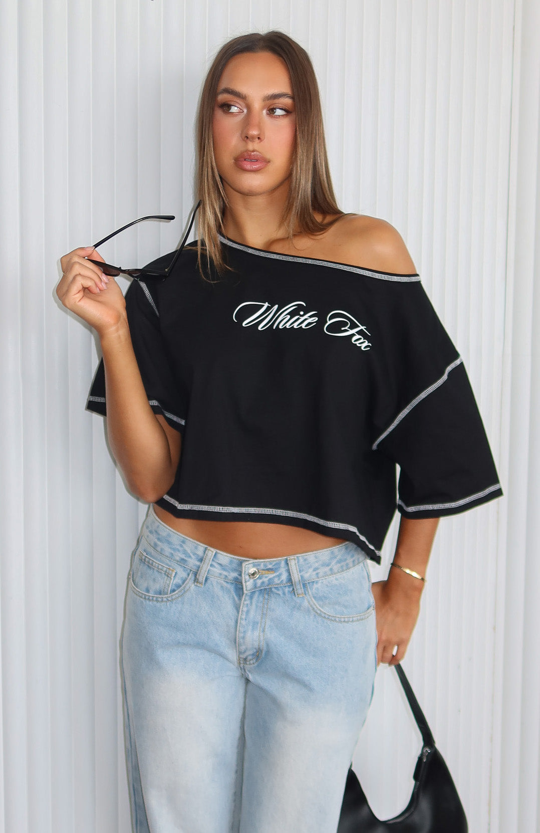 Trending Need More Time Off Shoulder Oversized Tee Black