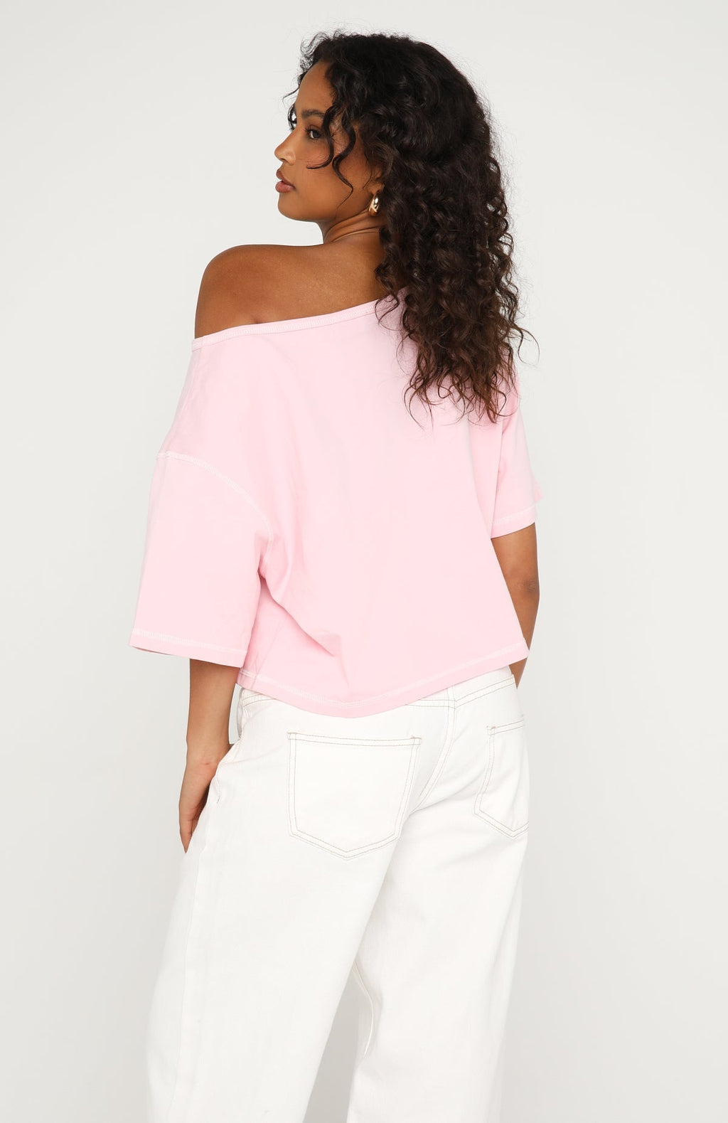 Trending Need More Time Off Shoulder Oversized Tee Pink