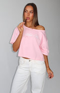 Trending Need More Time Off Shoulder Oversized Tee Pink