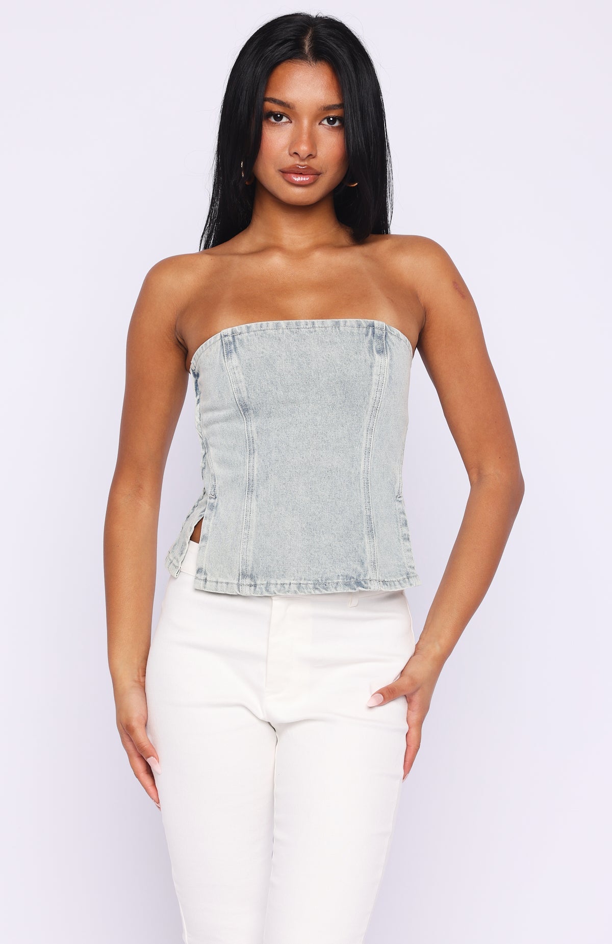 Trending Not Listening Strapless Denim Top Light Blue Wash