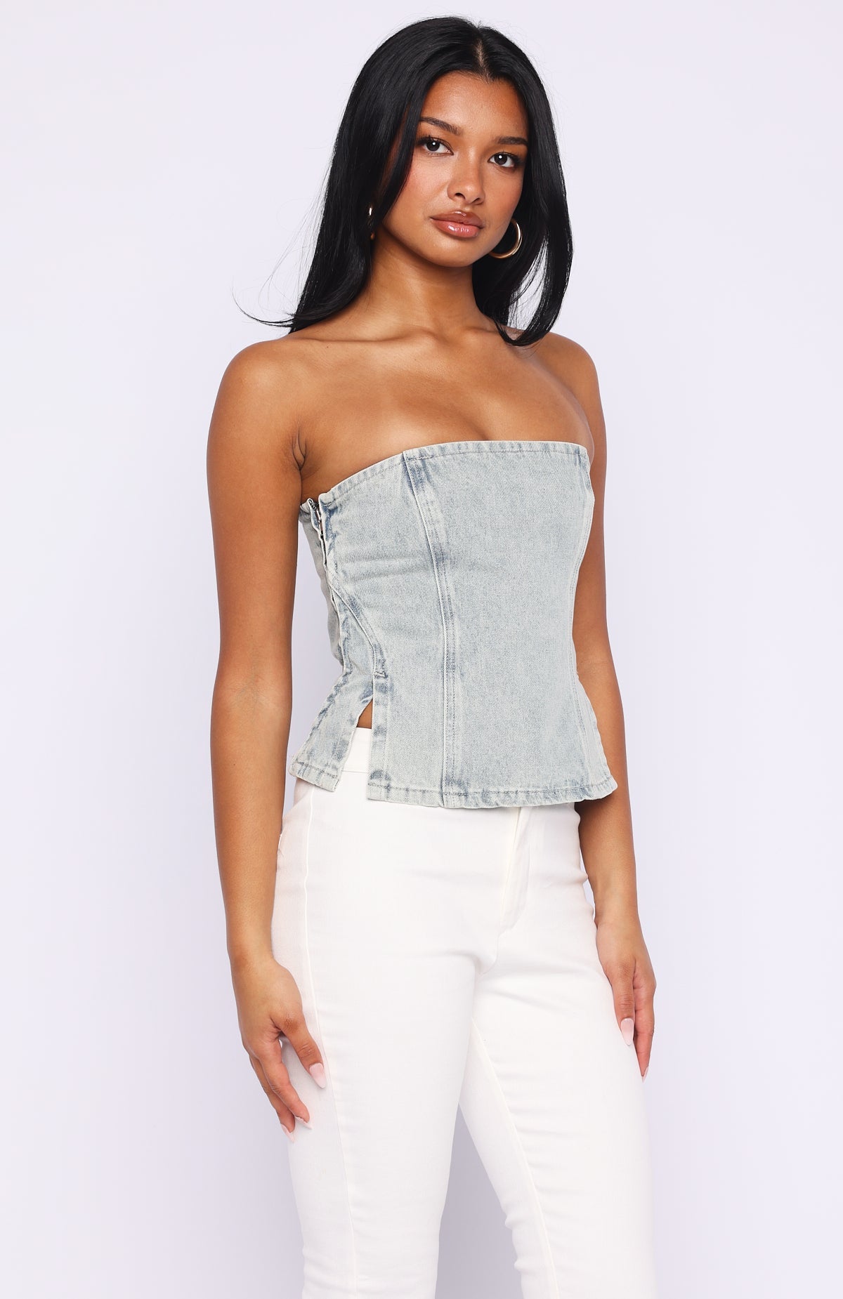 Trending Not Listening Strapless Denim Top Light Blue Wash