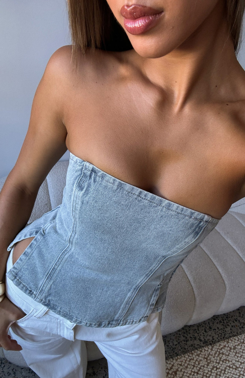 Trending Not Listening Strapless Denim Top Light Blue Wash