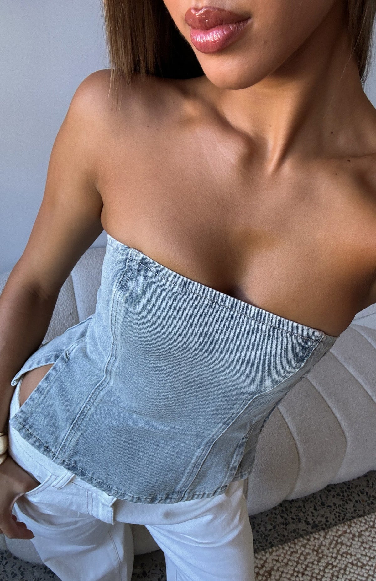 Trending Not Listening Strapless Denim Top Light Blue Wash