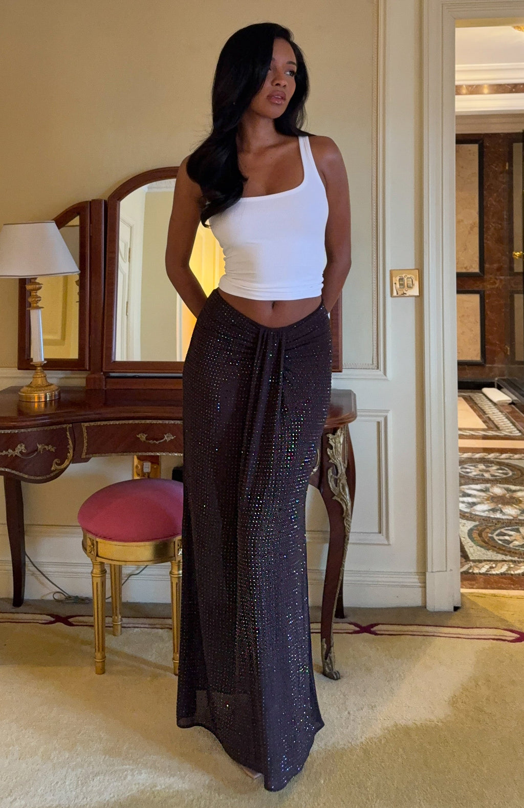 Trending Secret Kisses Embellished Maxi Skirt Chocolate