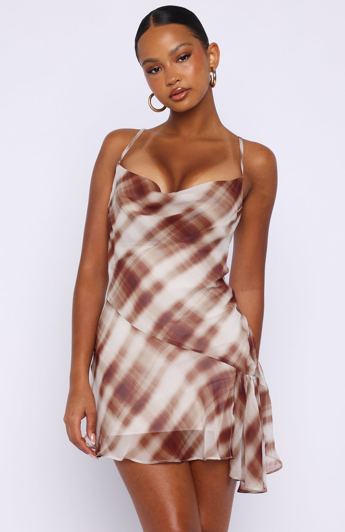 Trending Personal Touch Cami Mini Dress Chocolate Plaid