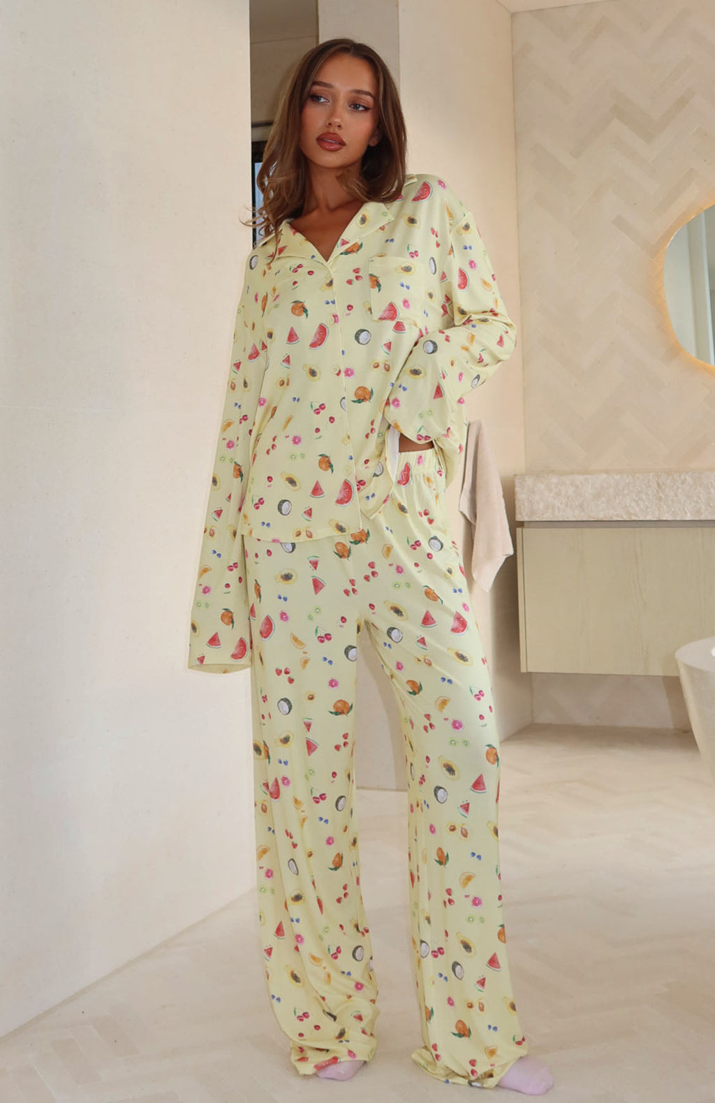 Trending Pillow Talk Printed Long Sleeve Pyjama Set Fruit Salad