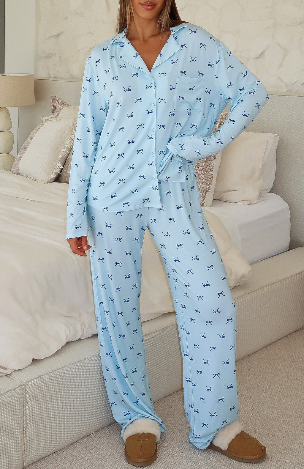 Trending Pillow Talk Printed Long Sleeve Pyjama Set Sky Ribbons
