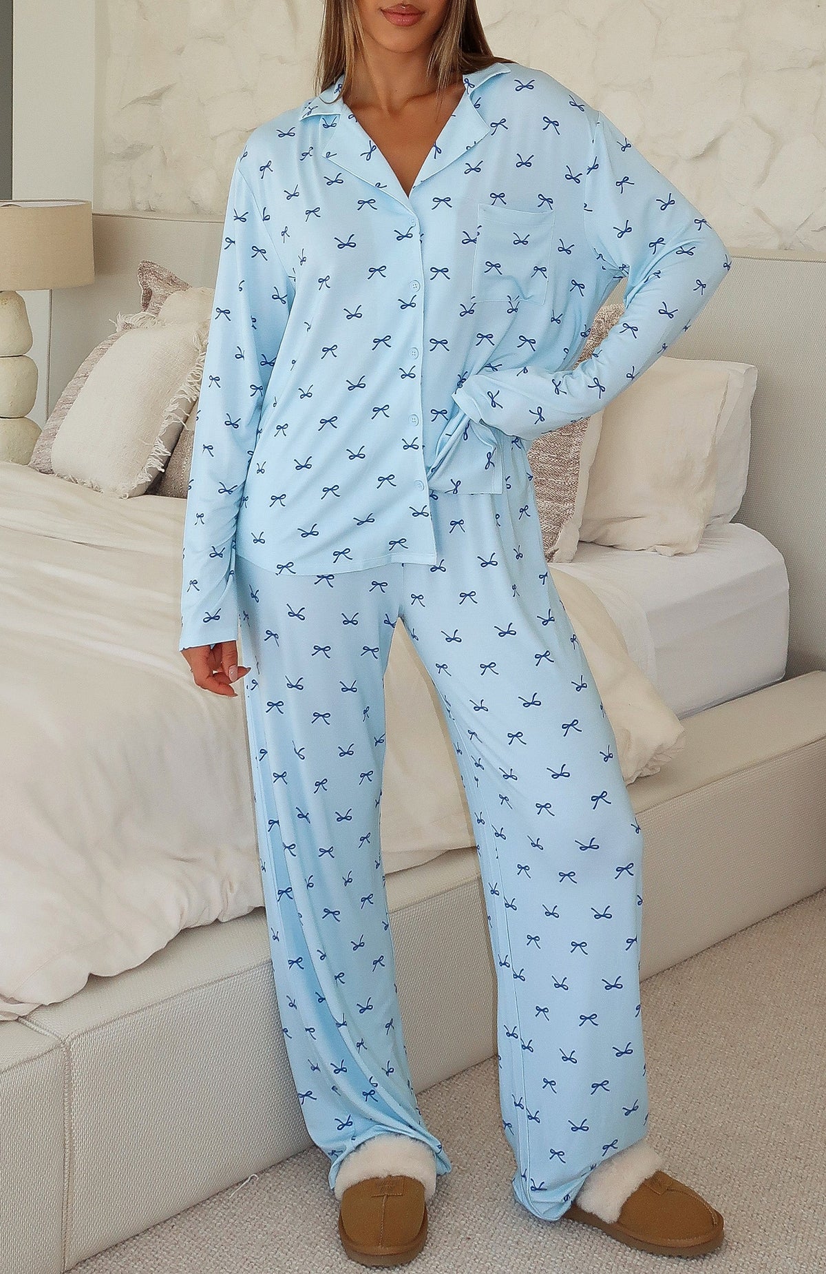 Trending Pillow Talk Printed Long Sleeve Pyjama Set Sky Ribbons