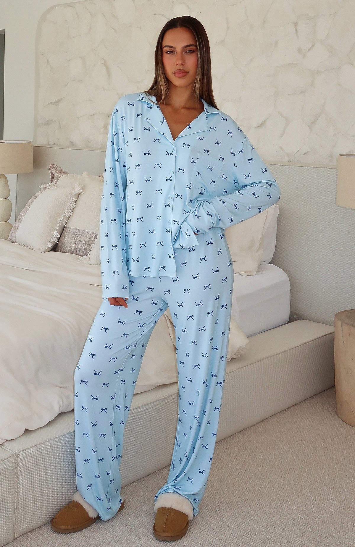 Trending Pillow Talk Printed Long Sleeve Pyjama Set Sky Ribbons