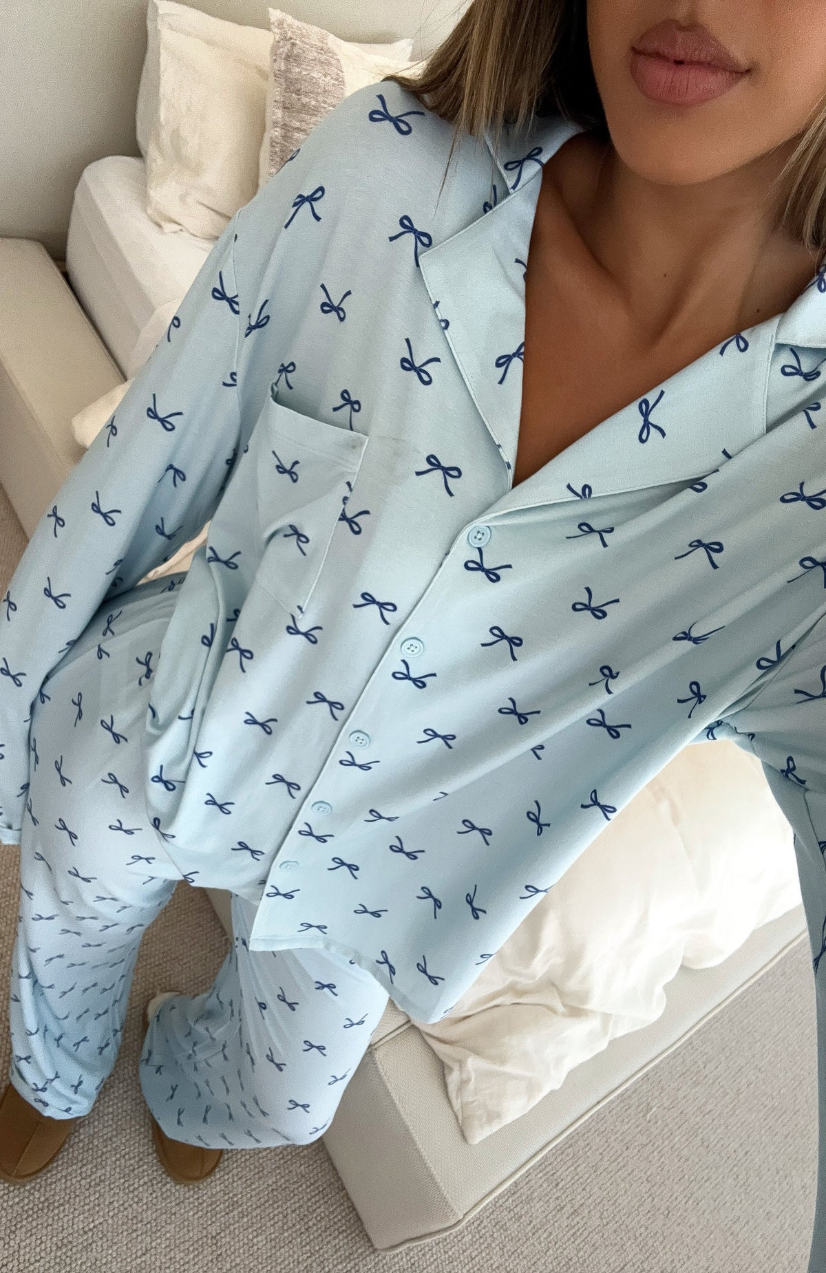 Trending Pillow Talk Printed Long Sleeve Pyjama Set Sky Ribbons